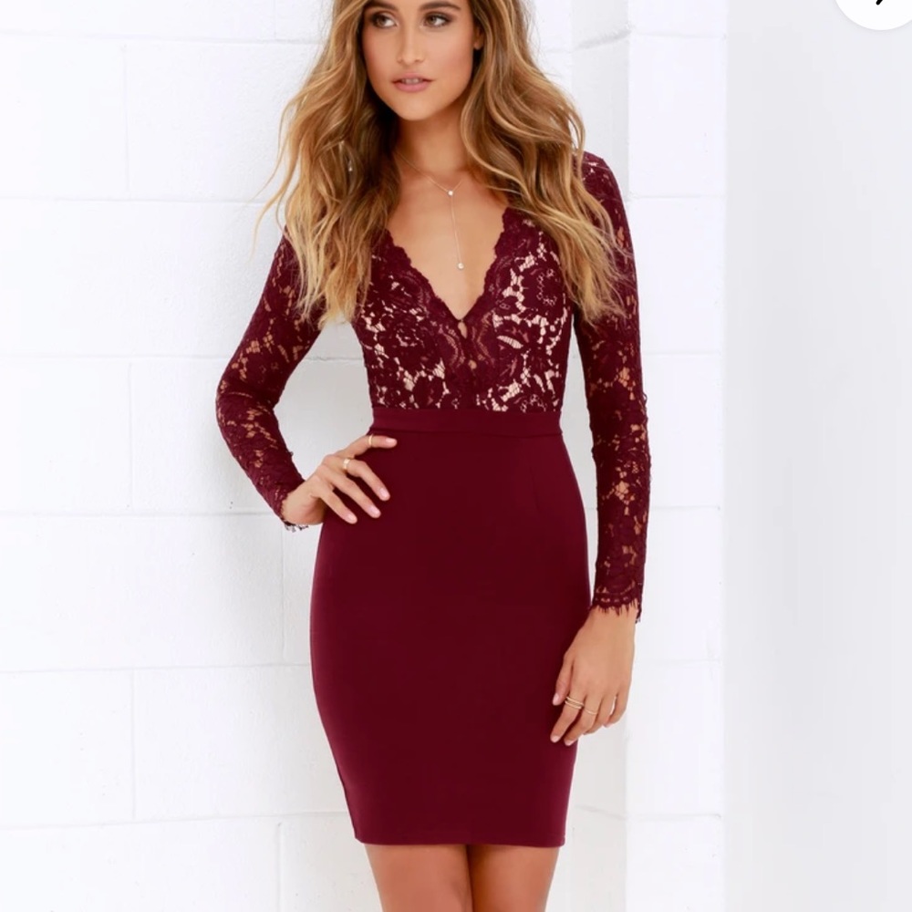 LULU'S Swoon Burgundy Bodycon Lace Dress Minidress